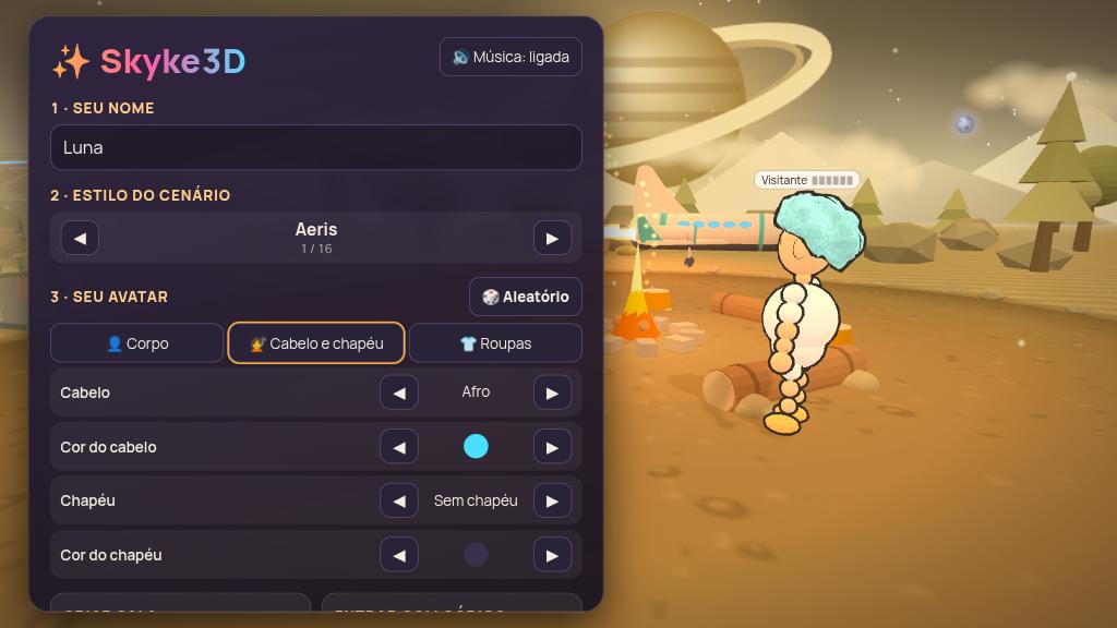 Tela inicial com o editor de avatar: nome, estilo do cenário, cabelo e chapéu